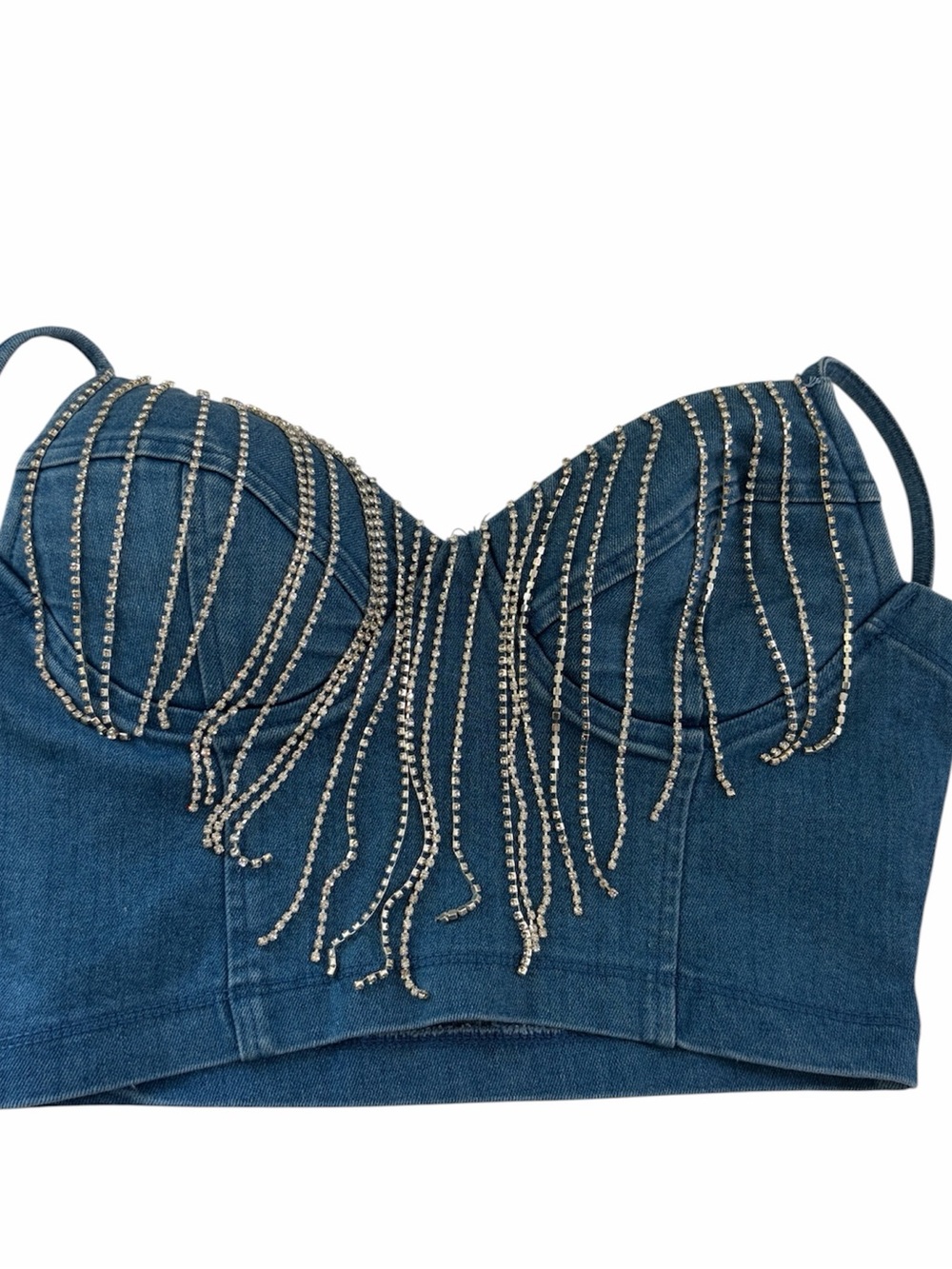 Haute Monde rhinestone fringe denim bustier top small NWT